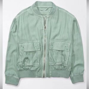 American Eagle-Linen-Blend Cropped Bomber Jacket-Size Small-Moss Grey
